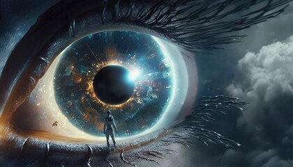 Fototapeta premium Mysterious extreme close-up shot of a human eye reflecting modern technology and an aesthetic view of the future. Man standing on the eyelid looks into the eye. AI generated