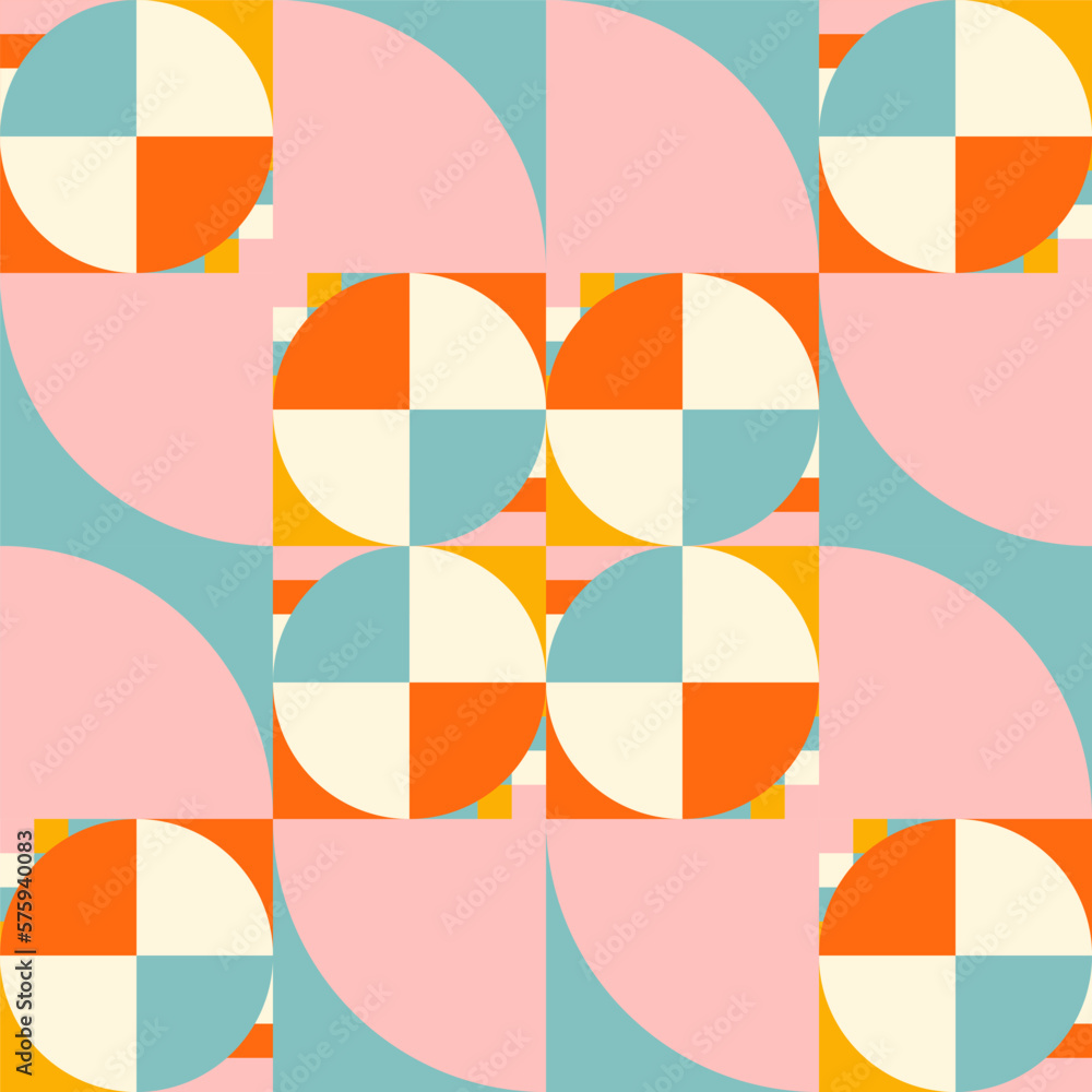Poster Modern vector abstract  geometric background with circles, rectangles and squares  in retro scandinavian style. Pastel colored simple shapes graphic pattern. Abstract mosaic artwork.