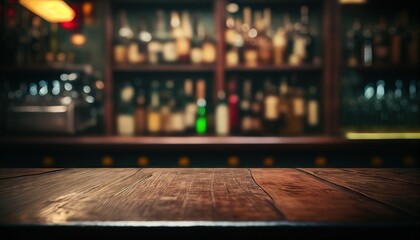 Empty the top of the wooden table with blurred counter bar and bottles Background. Generative AI. - obrazy, fototapety, plakaty