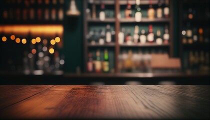 Empty the top of the wooden table with blurred counter bar and bottles Background. Generative AI.