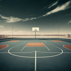 Empty and minimalist basketball court. Generative AI.	
