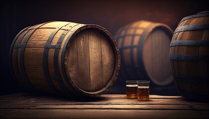Oak barrels for whiskey, wine, or cognac stand on a wooden pallet in the basement. Generative AI.