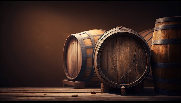 Wooden barrels for whiskey, wine, or cognac stand on a wooden pallet in a cellar with empty space. Generative AI.