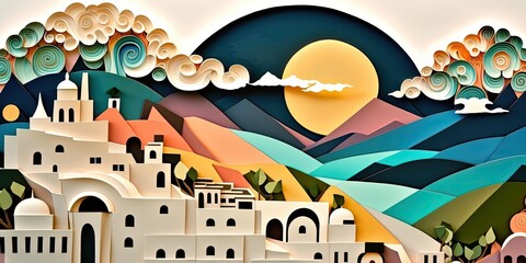 Greece, paper art collage, vibrant layered colored paper, travel banner, AI generative