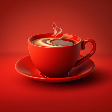 Red cup of coffee on a red background. Generative AI.	

