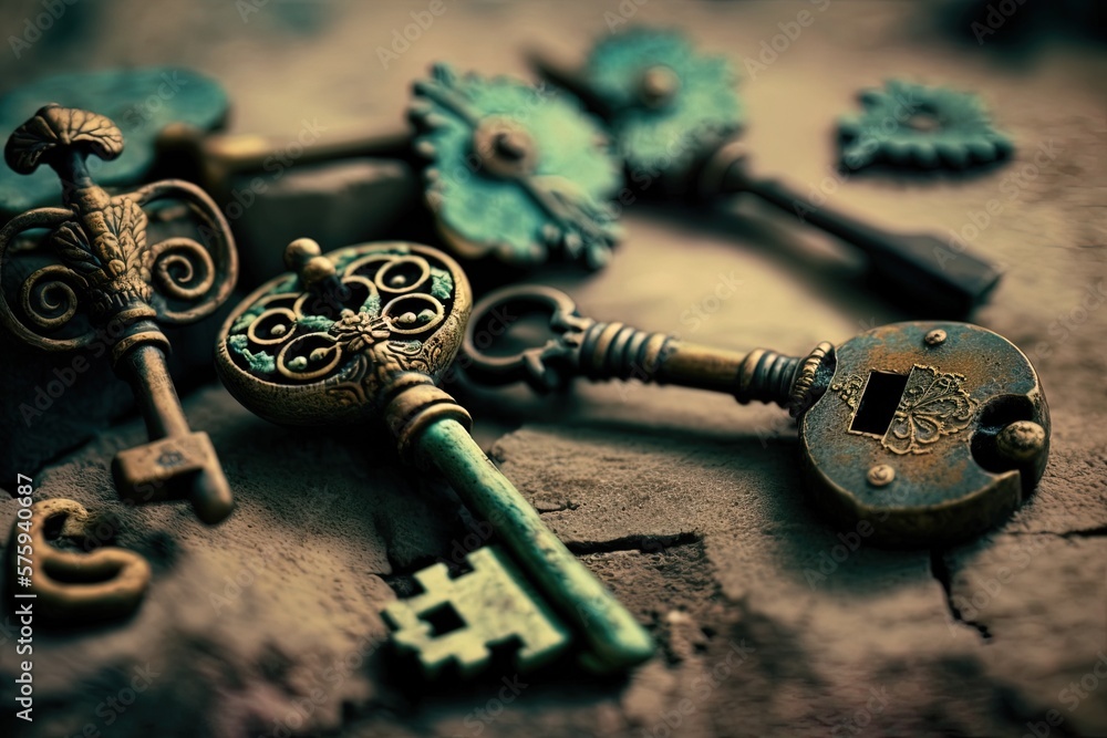 Poster detail of a set of antique, rusty keys lying on the ground generative ai