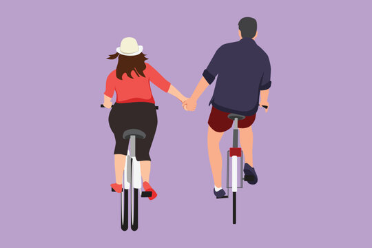 Character flat drawing back view of romantic cycling couple holding hands in afternoon. Togetherness husband and wife after wedding. Happy man and woman ride bike. Cartoon design vector illustration