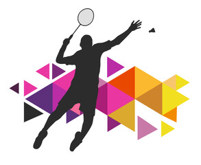Badminton design sport graphic with badminton player in action and design elements in vector quality. - obrazy, fototapety, plakaty