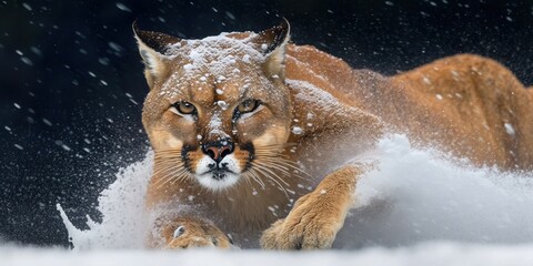 Cougar, a large cat, Puma, Mountain lion. Head shot of a beautiful native winter wild cat with landscape snow covered ground and light snow falling. Generative ai.