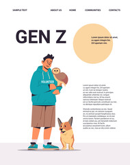 young man volunteer with dog and owl animals having fun generation Z lifestyle concept vertical