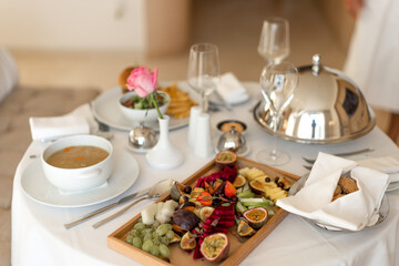 Delicious room service at hotel.