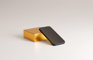 Mockup dark grey metal smartphone. Presented tilted against small golden block on white studio floor.