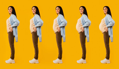 Obraz premium Collage of different stages of pregnancy, happy pregnant woman in casual posing on yellow background, full length