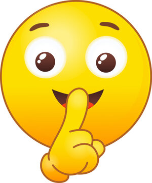 Emoticon silence. Quiet emoji shh gesture, shush silent smiley cartoon shushing face, finger shut mouth or smile lips, keep secret