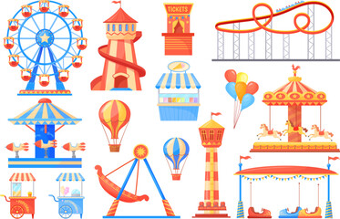 Fairground attractions. Carnival carousel and adult attraction on festival amusement park, fantasy swing rollercoaster playground wheel cartoon roundabout, neat vector illustration