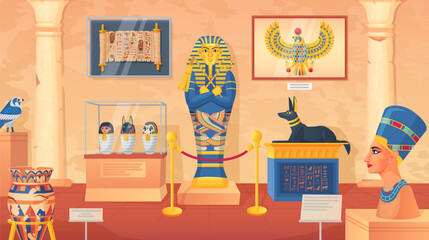 Egyptian museum. Egypt goddess statues and pharaoh mummies in ancient civilization architecture interior with old column, cairo god monuments artwork ingenious vector illustration