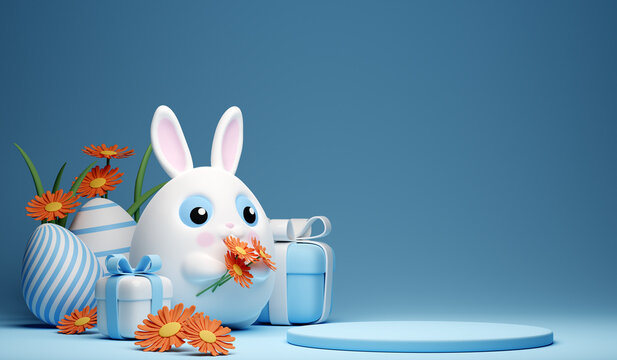 3d Happy Easter banner with little kawaii white rabbit with podium