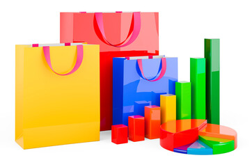 Shopping bags with growth bar graph and pie chart. 3D rendering