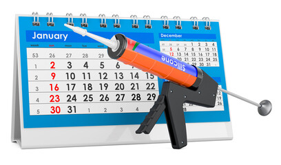 Sealant gun with silicone sealant tube with desk calendar, 3D rendering