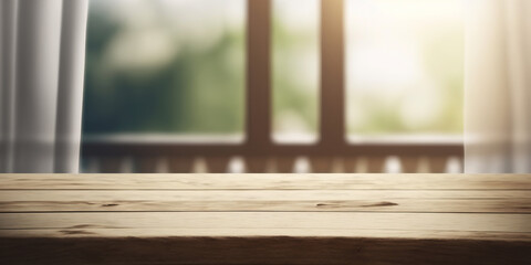 Wooden table on defocuced window with curtain