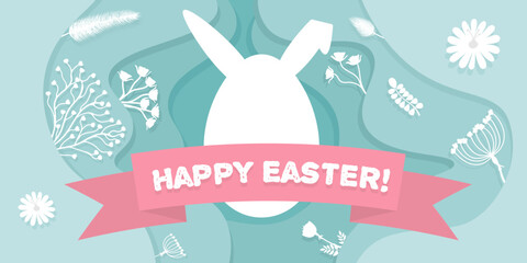Happy Easter horizontal banner with white eared egg. Decorative white flowers and congratulations text. Light-blue paper-cut Easter banner in  flat style.
