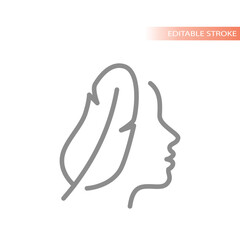 Female face and bird feather line vector icon. Sensitive skin care outline symbol. 