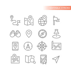 Location and navigation, gps line vector icon set. Map pin, compass outline icons.