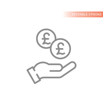 Human hand and money British pound dropping coin line icon. Savings and payment concept vector outline icons.