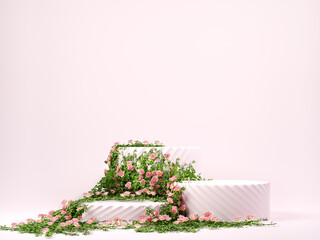 3d spring floral scene with podium display on pink pastel background - 575944039