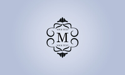 Refined logo with the letter M in the center (sign, symbol, emblem, ornament). Modern vector monogram with space for text.