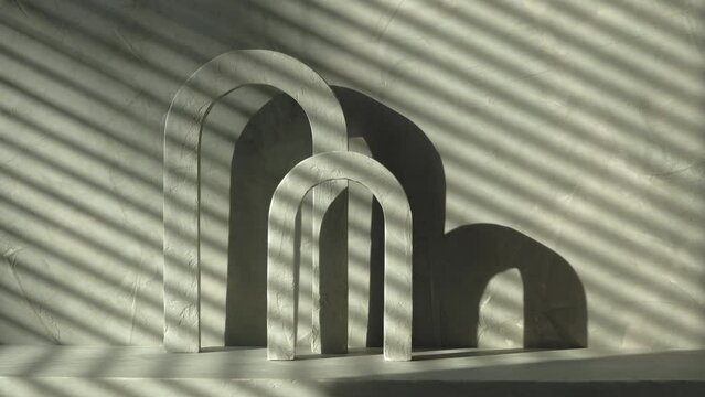 Timelapse concrete geometric curved shapes on stage with sun shadows, Modern minimal abstract background