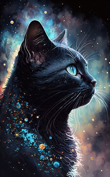 A young black cat with cute big blue eyes looks up at the stars in surprise. Generative AI.
