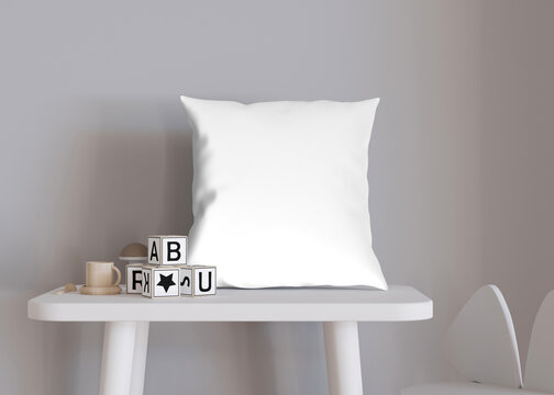 Square pillow in kids room. Blank transparent cushion case template for your graphic design presentation. Pillow cover mock up for print, pattern, personalized illustration. Close-up. 3D render, png