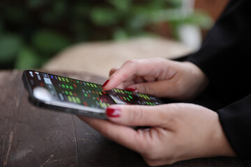 Woman hand using a smartphone for Stock exchange trading online in the coffee shop, business concept