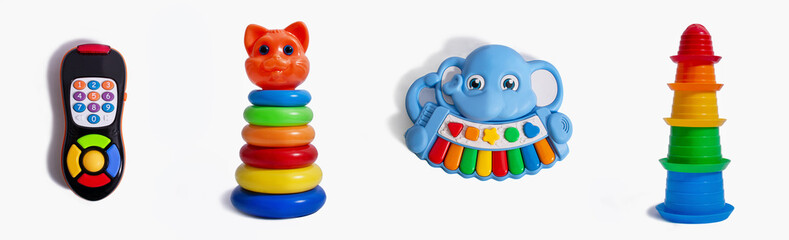 Children's educational toys on a white background. Educational children's toys and musical toys....