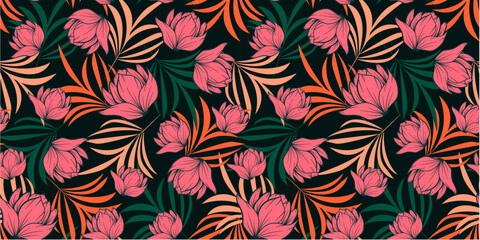 Exotic seamless tropical pattern with bright plants and flowers on a black background. Trendy summer Hawaii print. Seamless exotic pattern with tropical plants. Hawaiian style.
