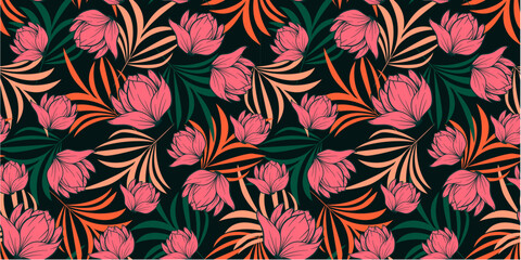 Exotic seamless tropical pattern with bright plants and flowers on a black background. Trendy summer Hawaii print. Seamless exotic pattern with tropical plants. Hawaiian style.