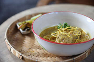 Khao Soi Thai Curry soup on basketwork
