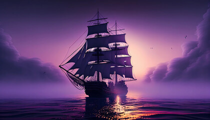 ship sails on the sea, purple sky, sunset, ai generated