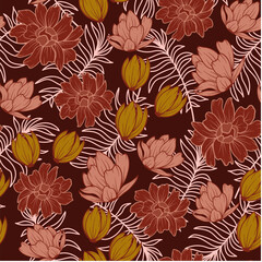 Exotic seamless tropical pattern with bright plants and flowers on a white background. Tropical botanical. Vector design. Jungle print. Floral background.  Printing and textiles. 