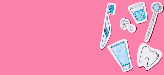 Fototapeta na wymiar The concept of dentistry. Oral care tools cut out of paper on a pink background. Dental background. Banner. Copy space.