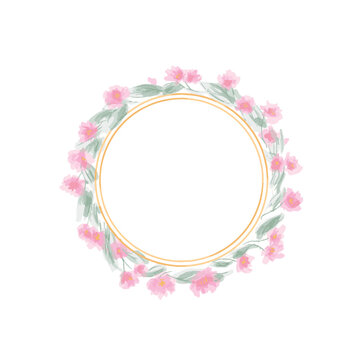 Beautiful wreath with rose flowers. Elegant floral collection with isolated sakura flowers and leaves, hand drawn watercolor. Design for invitation, wedding or greeting cards, floral logo frame vector