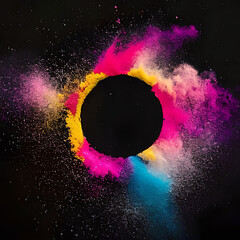 Black Graphic Circle surrounded by coloured powder explosions, created using Generative Ai Technology.