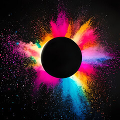 Black Graphic Circle surrounded by coloured powder explosions, created using Generative Ai Technology.