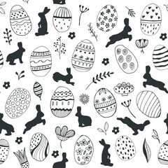 Rabbit flowers of eggs Seamless pattern on a white background. Easter hare and holiday food. Ornament. Fabric, wrapping paper. Vector illustration