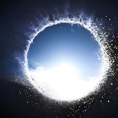 Sky Graphic Circle with clouds surrounded by smoke and particles, created using Generative Ai Technology.