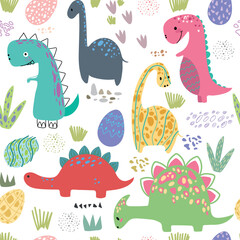 Dino friends. Funny cartoon dinosaurs, spots, dots and eggs. Cute t rex, characters. Hand drawn vector doodle set for kids. Good for textiles, nursery, wallpapers, wrapping paper, clothes. 