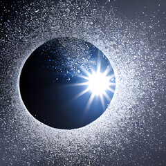 Sky Graphic Circle with sun flair surrounded by an explosion of particles , created using Generative Ai Technology.