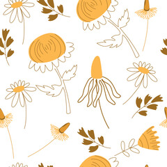 Linear floral seamless pattern with abstract shapes for print, fabric, wallpaper. Scandinavian aesthetic background. Hand drawn floral background.