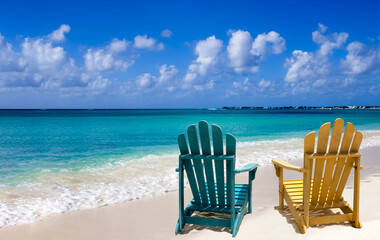 Two wooden chairs on white sand Caribbean beach